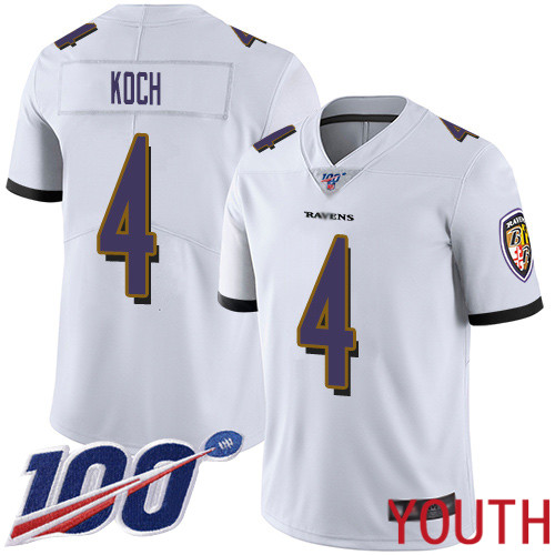 Baltimore Ravens Limited White Youth Sam Koch Road Jersey NFL Football #4 100th Season Vapor Untouchable